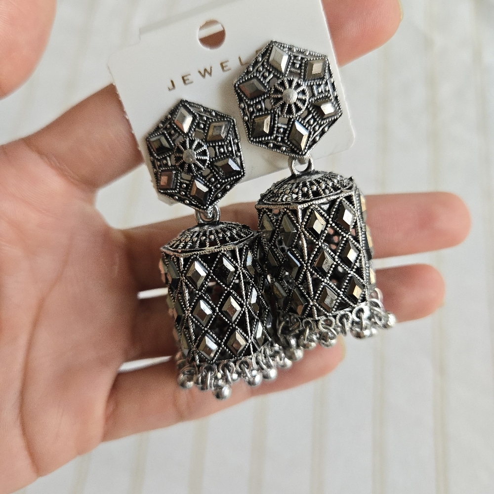 Traditional Indian Pakistani Ethnic Oxidized Silver Dangle Jhumkha Earrings